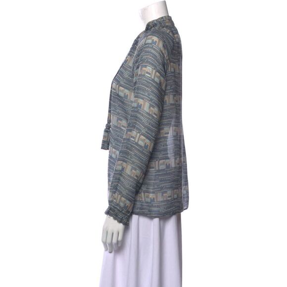 Calypso St Barth Ruffle Neck Popover Blouse Tie Neck  Mint / Beige Small‎ - Picture 2 of 15